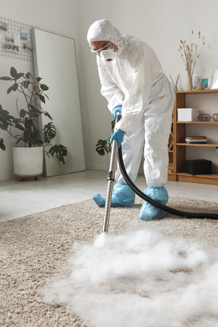 Close-up view of a vacuum cleaner head with a black and gray design, actively being used to clean an ornate, patterned area rug in a residential setting. The rug features a muted floral design in shades of beige, light green, and soft orange, with a polished, dust-free surface. The vacuum's hose and handle are visible, held by a person wearing dark pants and white shoes, standing on the rug. The scene is illuminated by natural light, highlighting the thorough surface cleaning process facilitated by Cleaner Kingston upon Thames' domestic cleaning services, focusing on carpet and surface hygienisation in an everyday home environment.